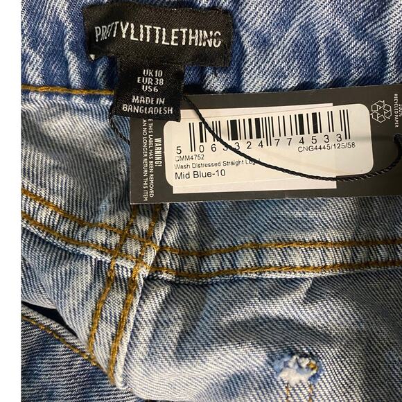 PrettyLittleThing Distressed Straight Leg Jeans - Mid Blue, Size US 6 - Picture 7 of 7